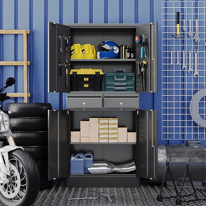 Metal Storage Cabinet with 2 Drawers and Pegboard, Garage Storage Cabinet with Locking Doors and 2 Adjustable Shelves, 71" H Steel Cabinets for Garage, Home, Office, School, Black