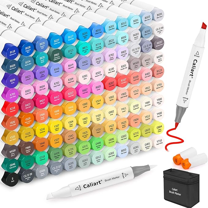 Caliart Alcohol Markers Brush Tip, 121 Colors Dual Tip Coloring Marker Pen Set Brush & Chisel, Art Supplies Kit Gift for Adults Coloring Book Artists Sketch Drawing Illustration