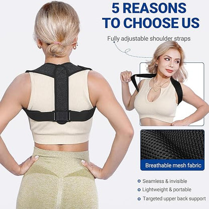 Posture Corrector for Women & Men - Adjustable Upper Back Brace Straightener Suitable for Lumbar, Shoulder, Neck, Scoliosis, Providing Comfortable Elastic Support and Pain Relief