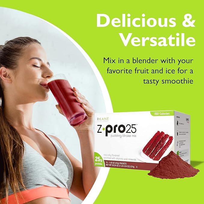 R-Kane Nutritionals Z-Pro Red Velvet Protein Drink Mix - High Protein, Low Calorie Low Fat Shake and Pudding Mix - Meal Replacement, On-The-Go Packets - Breakfast Boost - 25g Protein - 14 Packets