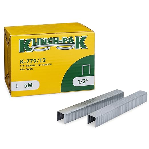 K-779/12, 1/2” Leg by 1/2" Wide Crown Heavy-Duty GalvanizedPlier Staples, 5000 Per Package, for stapling Trays, Lids, Bags, Header Cards, Fastening End Caps and Container Inserts