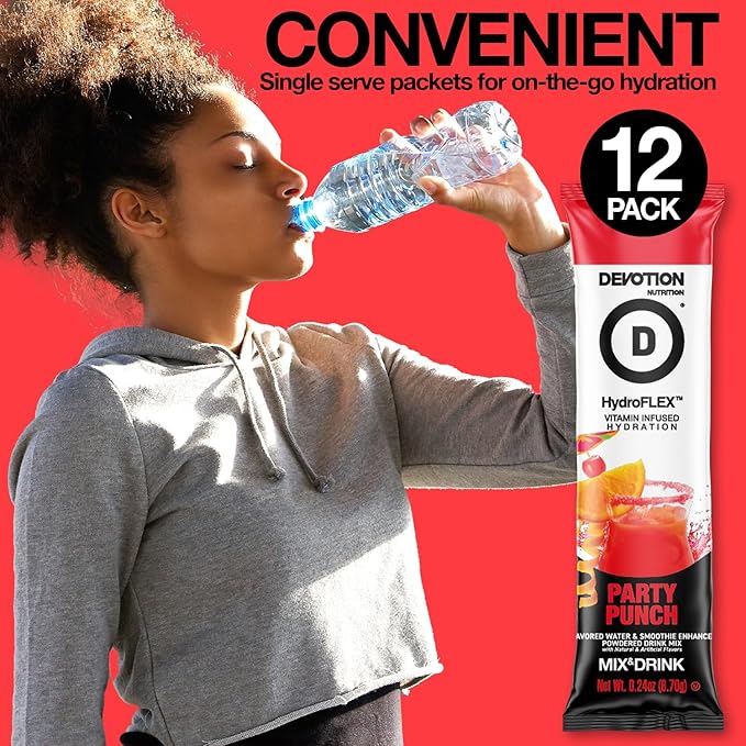 Devotion Nutrition HydroFLEX Water Flavoring Packets – Sugar-Free Hydration with Vitamins & Electrolytes – Dye-Free, Gluten-Free (Party Punch) 12-Pack Drink Mix