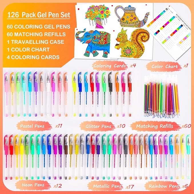 Soucolor Gel Pens for Adult Coloring Books, Deluxe 120 Pack-60 Colored Gel Pens, 60 Refills and Travel Case, with 40% More Ink Gel Art Markers Set for Drawing Journaling Scrapbooking Art Kit Supplies