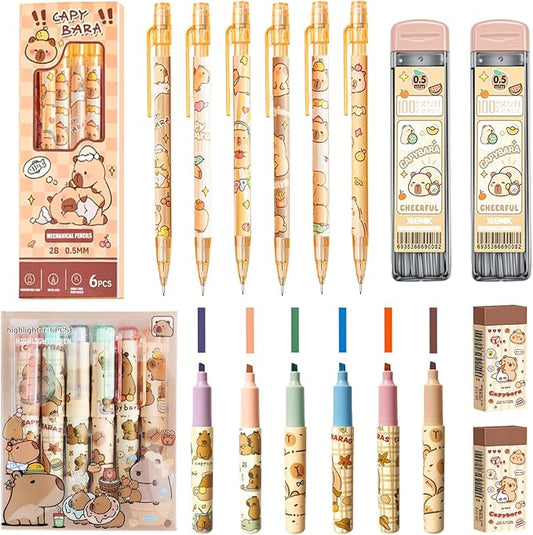 6Pcs Mechanical Pencils,Lead Refills,Erasers,Capybara School Supplies,Capybara Stationery Set,Kawaii Stationery Christmas Birthday Gifts,for Office School Supplies