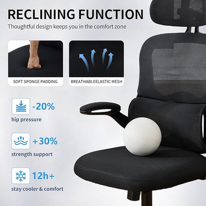 Ergonomic Mesh Office Chair, 400 lbs Capacity, High Back Desk Chair with Adjustable Lumbar Support, 3D Headrest, Flip-Up Armrests, and PU Wheels for Long Workdays and Home Office (Black)