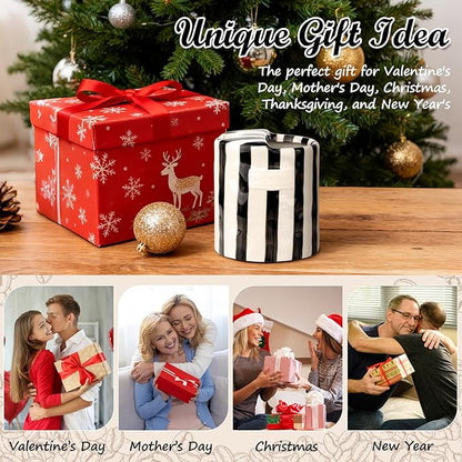 Novelty Ceramic Coffee Mug Designed to Look Like a Gift Box, 10oz Retro Hand-Painted Ceramic Travel Mug, Brown & White Striped, Microwave & Dishwasher Safe, Perfect Present for Coffee Lovers (Black)