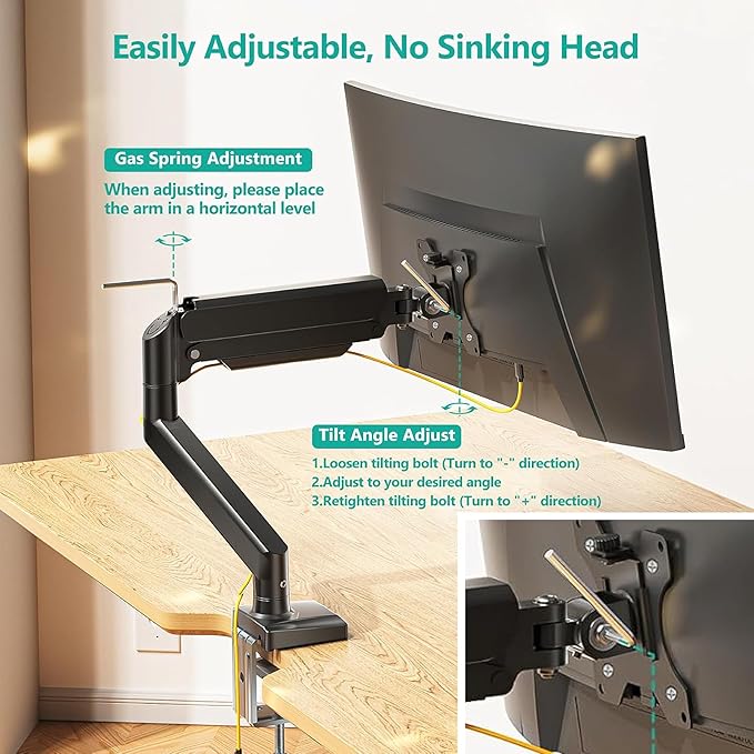 WALI Single Monitor Mount, Gas Spring Monitor Arm for 17-34 inch Screens, Adjustable Computer Monitors Stand up to 26.4lbs, with Clamp and Grommet Base, Mounting Holes 75 and 100mm (GSMP001N), Black