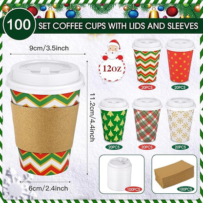 300 Pcs/100 Sets Christmas Coffee Cups with Lids and Sleeves 12 oz Disposable Christmas Paper Cups Party Drinking Cups for Hot and Cold Drinks Chocolate Coffee Tea Beverage Bar Supplies (Shiny)