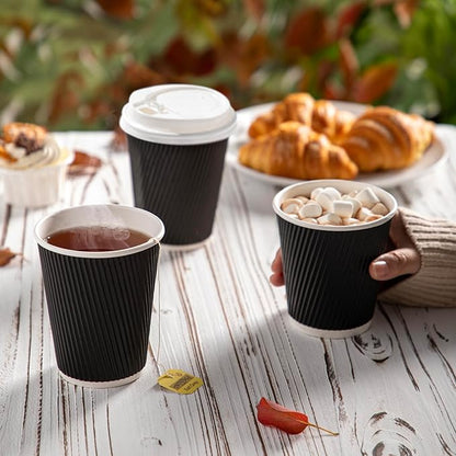Fit Meal Prep 250 Pack 8 oz Black Disposable Coffee Cups with Lids & Stirrers, Corrugated Triple Wall To Go Hot Cups, Insulated Paper Coffee Cups for Hot Beverages, Travel, Home, Office (White Lids)