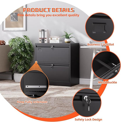 METAN Upgrade Metal 2 Drawer Lateral Files Cabinet for Home Office, Lockable Steel Wide File Storage Cabinet for Hanging Legal/Letter A4 Size, Assembly Required, Black