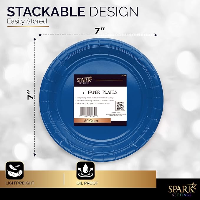 Disposable Paper Plates Royal Blue, 6 3/4 Inches Paper Dessert Plates, Strong and Sturdy Disposable Plates for Party, Dinner, Holiday, Picnic, or Travel Party Plates, Pack of 50