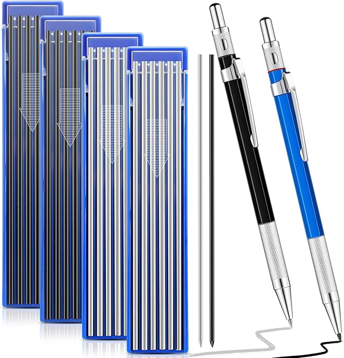 2 Pcs Welders Pencil with 48 PCS Round Refills Mechanical Pencils Metal Welding Marker for Tube Pipe Fitter Welder Steel Construction Woodworking (Sliver, Black)