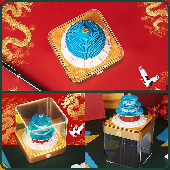 3D Time Piece Calendar 2026 DIY Calendars Tear Away Carving Art 3D Memo Pad Calendar With LED Lights sculpture artsy pads calendar notepad for Desktop Decor-Temple of Heaven