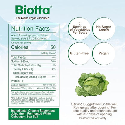 Biotta Organic Sauerkraut Juice - 100% Vegetable Juice for Energy, Immunity & Wellness - Excellent Source of Nutrients - All Natural, Non-GMO, Gluten-Free (16.9 Fl Oz, Pack of 6)
