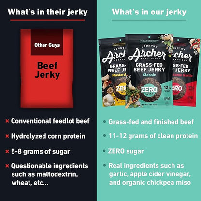 Country Archer Grass-Fed Beef Jerky Variety Pack - Beef Jerky Snack Packs, Beef Jerky Assortment, Jerky Sampler with Classic, Mustard BBQ and Spicy Sesame Garlic - 2 oz (Pack of 6)