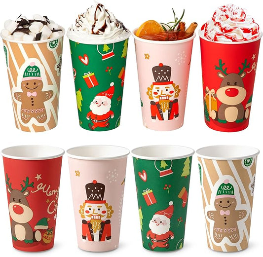 Fit Meal Prep 50 Pack 16 oz Christmas Disposable Coffee Cups, Durable Thickened Christmas Paper Cups for Hot Beverage Chocolate Tea Cocoa, Xmas Party Cups for Kids, Adult, Party, Holiday