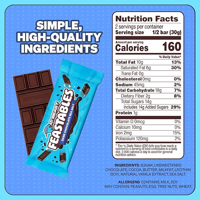 Feastables by MrBeast Dark Chocolate with Sea Salt KING Size Chocolate Bar, 2.1oz (60g), 10 count