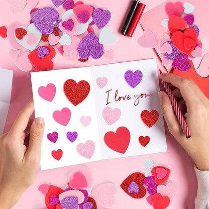 500pcs Foam Valentines Stickers, Glitter Matte Heart Stickers Valentines Crafts, Self Adhesive Foam Heart Sticker, Colorful Mixed Sticker for Card Envelop DIY Craft Party Supplies