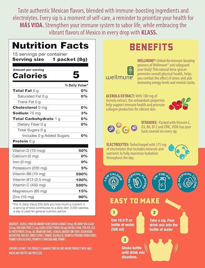 Hydration + Immunity Electrolyte Drink Mix – Cantaloupe Agua Fresca Flavor | Sugar-Free Powder with Wellmune®, Acerola, Coconut Water & Minerals | 15 Single-Serve Stick Packs, Low Calorie