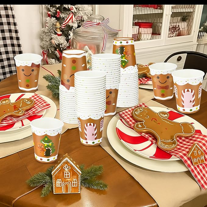 Funtery 100 Pieces Christmas Gingerbread Paper Cups Hot Chocolate Cups Xmas Disposable Coffee Cup Gingerbread Man Christmas Tree Candy Xmas 9 Ounce Drinking Tea Paper for Daily Use Holiday