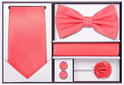 TIE G 5pcs Tie Set in WHITE OR BLACK GIFT BOX: Solid Color Necktie, Satin Bow Tie, Pocket Square, Lapel, Cuff Links