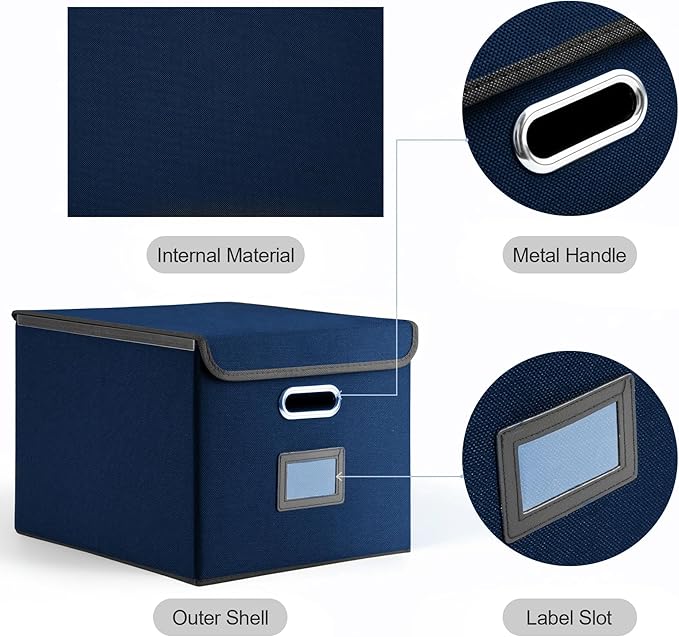 Collapsible File Box with Lid & Plastic Slide - Hanging Document Organizer for Office/Home, 14.96x12.6x10.83 Inch,Decorative Home File Bin,Blue, 1 Pack (No Folders Included)