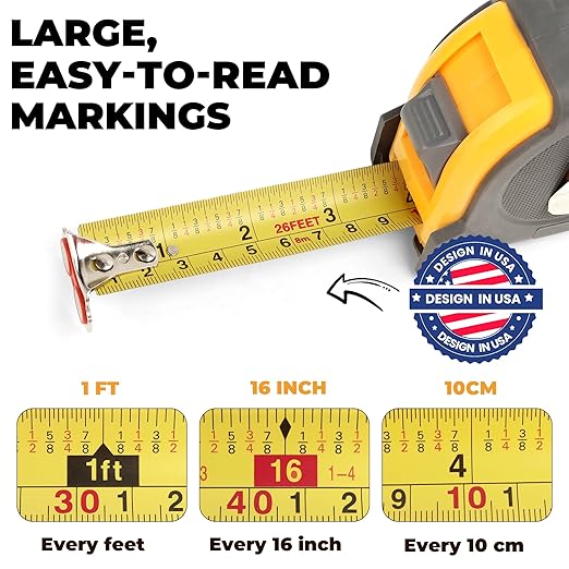 MulWark 26ft Measuring Tape Measure by Imperial Inch Metric Scale with Both-Side Metal Blade,Magnetic Tip Hook and Shock Absorbent Case-for Construction,Contractor,Carpenter,Architect,Woodworking