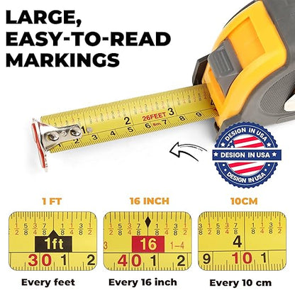MulWark 26ft Measuring Tape Measure by Imperial Inch Metric Scale with Both-Side Metal Blade,Magnetic Tip Hook and Shock Absorbent Case-for Construction,Contractor,Carpenter,Architect,Woodworking