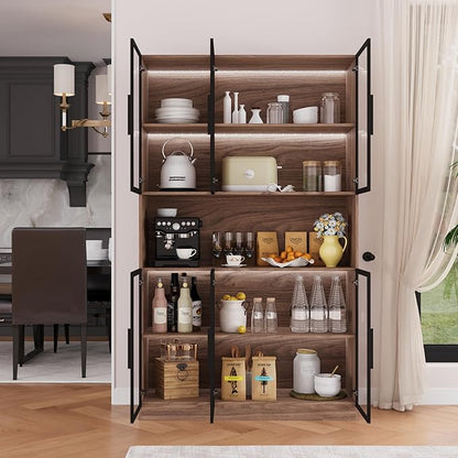 78.7" H Display Cabinet with 6 Glass Doors and Lights, Storage Cabinets Modern Bookcase with Hutch for Collectible, Display Case/Glass Curio Cabinets for Living Room,Walnut