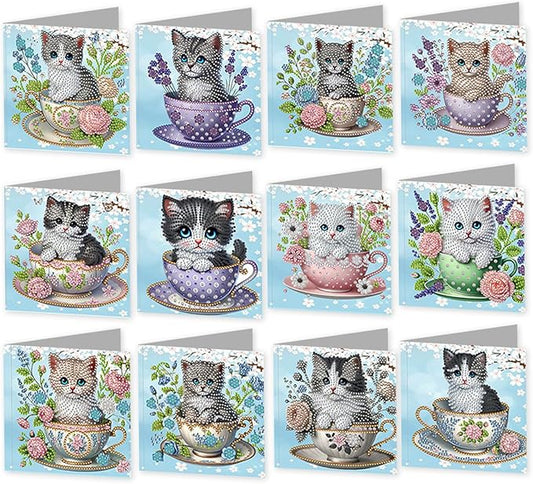 jinglinhh 12pcs Rose Flowers Teacup Cat Diamond Art Painting Greeting Cards with Envelopes, DIY Card Making Kits for Adults, Diamond Art Christmas Cards for Birthday Holiday Postcards Craft Gifts
