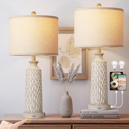 QiMH Table Lamp for Living Room with USB A+C Ports, Farmhouse Bedside Lamps for Bedroom Set of 2, Touch Control 3-Way Dimmable, 26" Modern Off-White Resin Nightstand Lamp, Included 2700K LED Bulbs