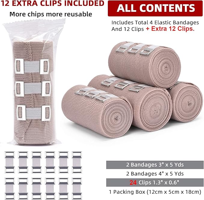 FRESINIDER Elastic Bandage Wrap 4 Pack(2 X 3 + 2 X 4 Wide Rolls) + 24 Clips | Stretch Compression Bandage Stretches up to 15ft | Ideal for Medical, Sports, Sprains, Calf, Ankle & Foot