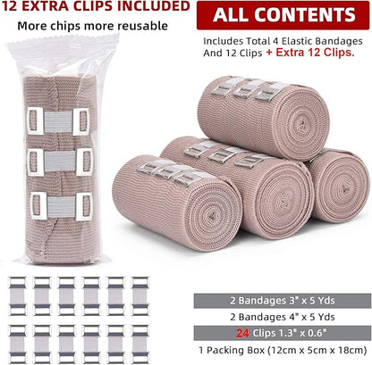 FRESINIDER Elastic Bandage Wrap 4 Pack(2 X 3 + 2 X 4 Wide Rolls) + 24 Clips | Stretch Compression Bandage Stretches up to 15ft | Ideal for Medical, Sports, Sprains, Calf, Ankle & Foot