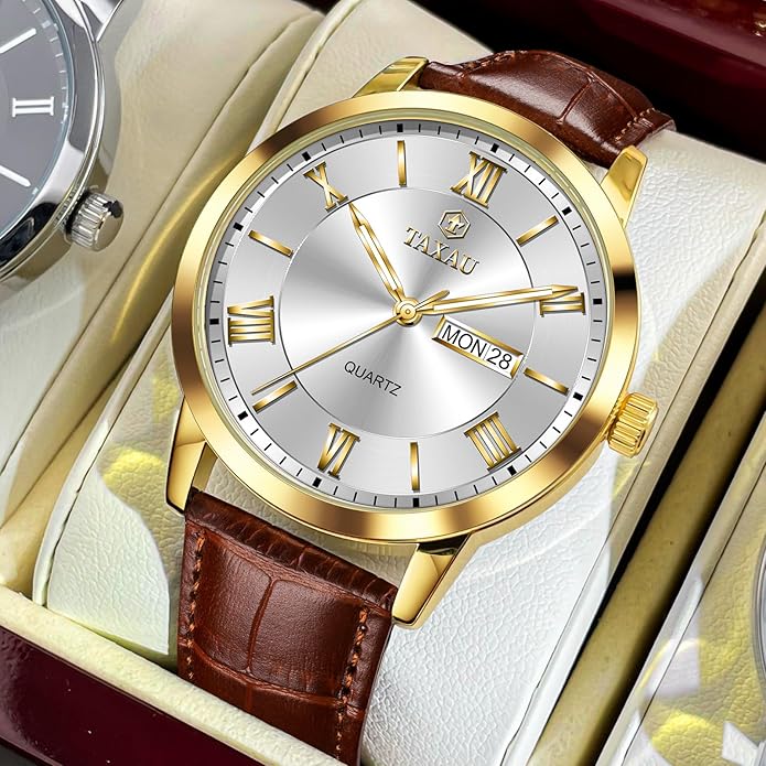 Men's Watch Big Face Easy Read Arabic Numeral Dress Watches for Men Classic Black Brown Leather Band Analog Mens Wrist Watch with Day and Date Fashion Business Waterproof Luminous Quartz Watch