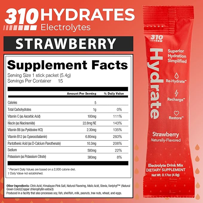 310 Nutrition Sugar Free Electrolytes Powder - Instant Hydration Packets for Daily Fluid Balance - Caffeine-Free Rehydration Drink Mix w/Vitamins, Low Calorie & Keto Friendly - Strawberry 15 Singles