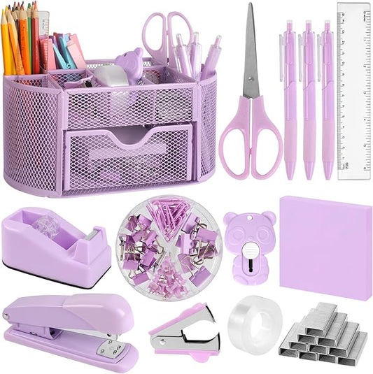 Office Supplies for Desk,14pcs Purple Desk Sets and Accessories, Office Supply Kit with Mesh Desktop Organizer and Stapler,Staple Remover, Staples,Tape Dispenser,Sticky Tabs,Scissors, Ruler