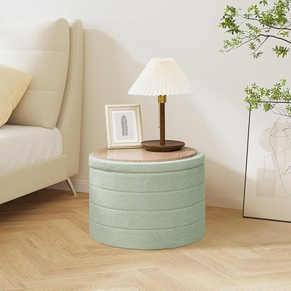 PINPLUS Round Ottoman with Storage, Foldable Sherpa Ottoman Stool with Tray,Boucle Foot Rest for Living Room, Bedroom, Dorm(Green)