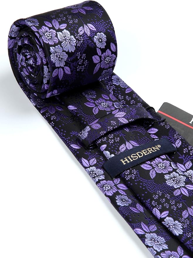 HISDERN Men Floral Ties Woven Classic 3.4" Necktie Set Formal Tie Pocket Square for Wedding with Handkerchief Gift Box