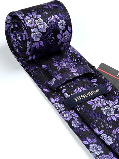 HISDERN Men Floral Ties Woven Classic 3.4" Necktie Set Formal Tie Pocket Square for Wedding with Handkerchief Gift Box