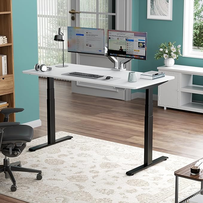 Pro 3 Stages Dual Motor 59 x 30 in Electric Standing Desk with One Piece Desktop, Adjustable Height, Sit to Stand Up Desk for Home Office, Work Study, Black Frame & White Desktop (2 Packages)