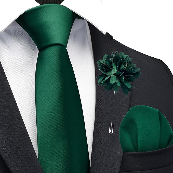 Branduce 3.15"（8cm） Pre-tied Adjustable Zipper Tie and Lapel Pin Solid Necktie Handkerchief Set for Men