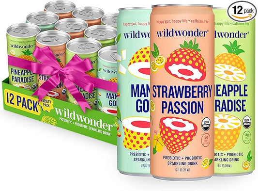 wildwonder Sparkling Probiotic Drink 12pk, For Gut Health & Immune Support, Tropical Vibes Variety, 5g Prebiotic Fiber, Live Probiotics, Organic, Vegan, Low Sugar, 12Pack, 12oz Can, Seen on Shark Tank