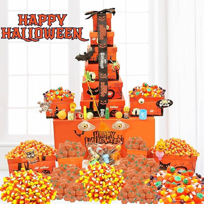 Sarah's Candy Factory Halloween Tower Box with Ribbon – 6 Tier Gift Box with Candy Corn, Autumn Mix, Indian Candy Corn, Jelly Pumpkins and 20 Fun Toys, Individually Wrapped Treat Packs