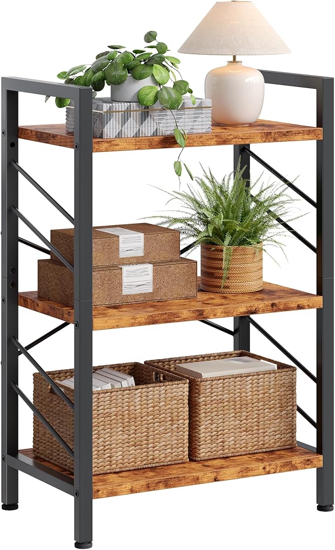 3 Tier Bookshelf, Industrial Bookcase with Metal Frame and Sidebars, Office Shelves for Small Spaces, Bedroom, Living Room, Rustic Brown
