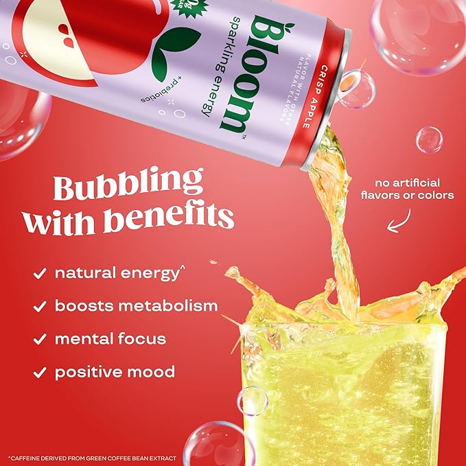 Bloom Nutrition Sparkling Energy Drink - Natural Caffeine, Zero Sugar, 180mg Caffeine - Antioxidant-Rich with Green Coffee Bean, Green Tea Extract, Prebiotics - Crisp Apple - 12oz 12 Pack