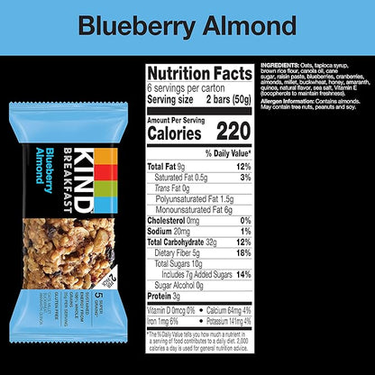 KIND Breakfast Bars, Blueberry Almond, Healthy Snacks, Gluten Free, 100% Whole Grains, 3g Protein, 30 Count