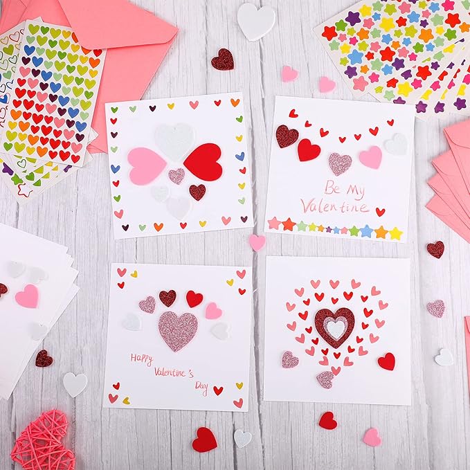 Zonon 16 Pcak Valentines Crafts DIY Card Valentines's Day Kits Foam Heart Sticker Craft DIY Kits Envelopes Cards Set for Exchange Gifts (Pink)