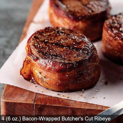Omaha Steaks Deluxe Ribeye Gift Box (4 Bacon-Wrapped Ribeyes, 4 Omaha Steaks Burgers, 4 Gourmet Jumbo Franks, 4 Potatoes au Gratin, 4 Caramel Apple Tartlets, 1 jar Seasoning)