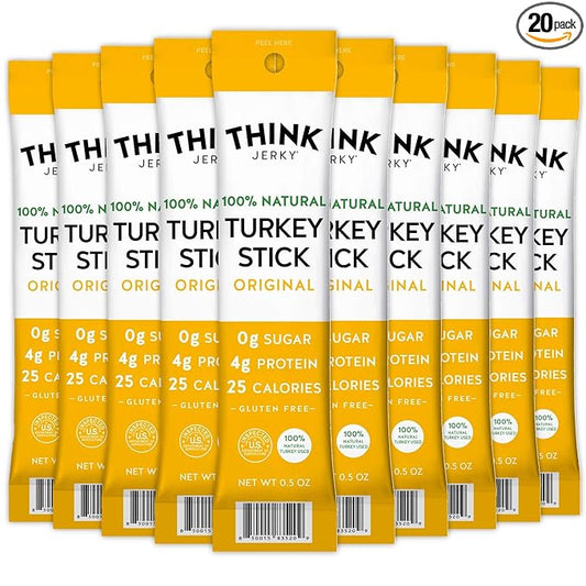 Think Jerky All-Natural Turkey Sticks, Gluten and Sugar Free, No Nitrates, Keto Paleo Friendly High Protein Low Carb Meat Snack - 0.5 oz Sticks, 20 Pack