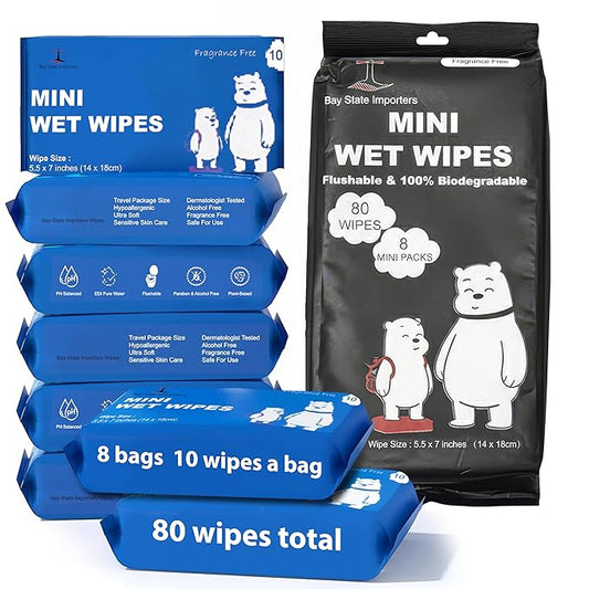 Flushable Wet Wipes for Adults, Travel Size 8 Pack (10 Count), Unscented pH Balanced Wipes, Plant-Based & Biodegradable, Hypoallergenic Disposable Wipes for On-the-Go Freshness